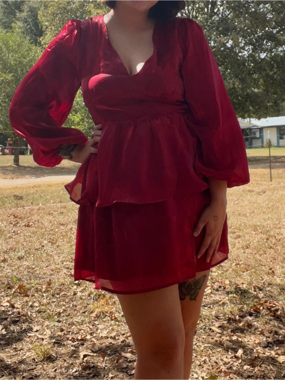 Women's Red Long-Sleeve V-Neck Tiered Chiffon Dress
